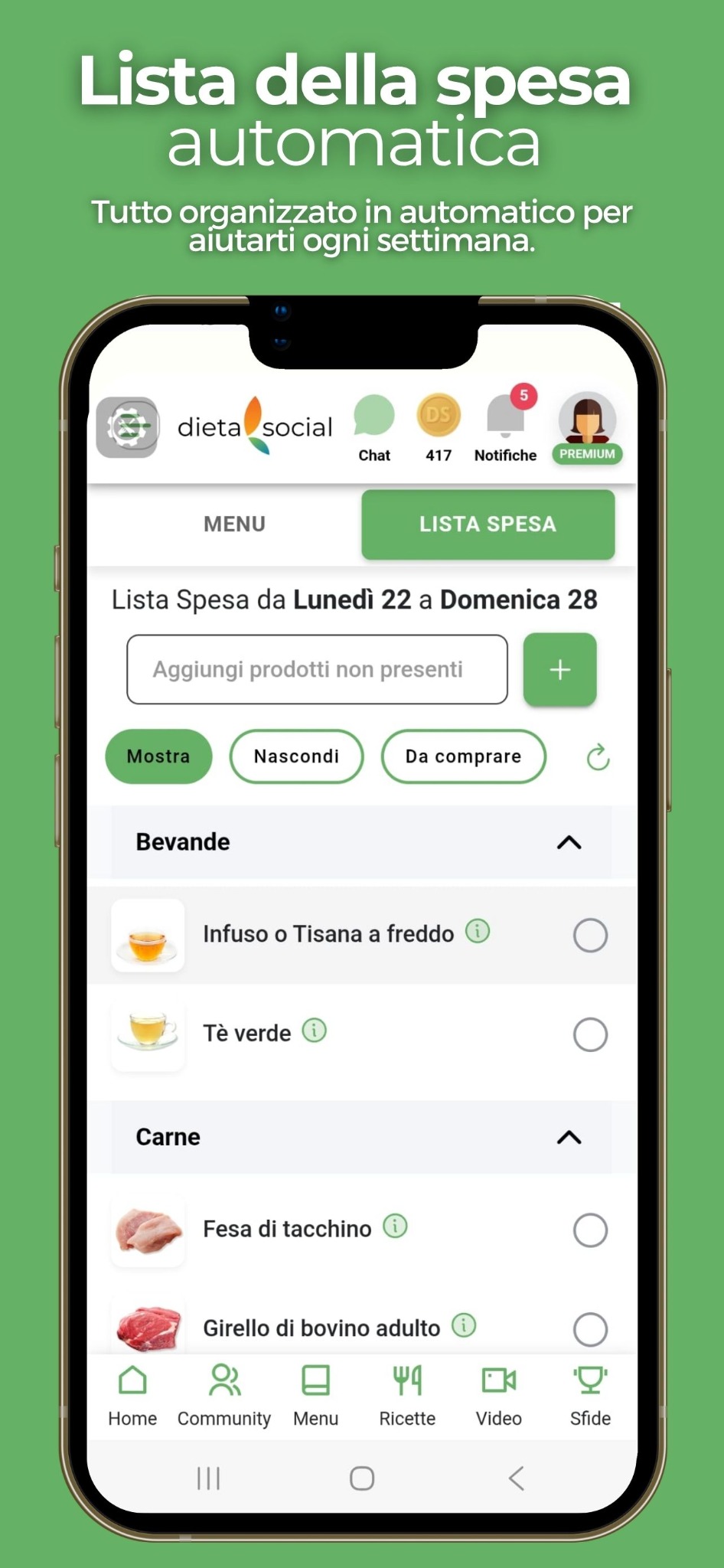 Lista della spesa automatica Dieta Social