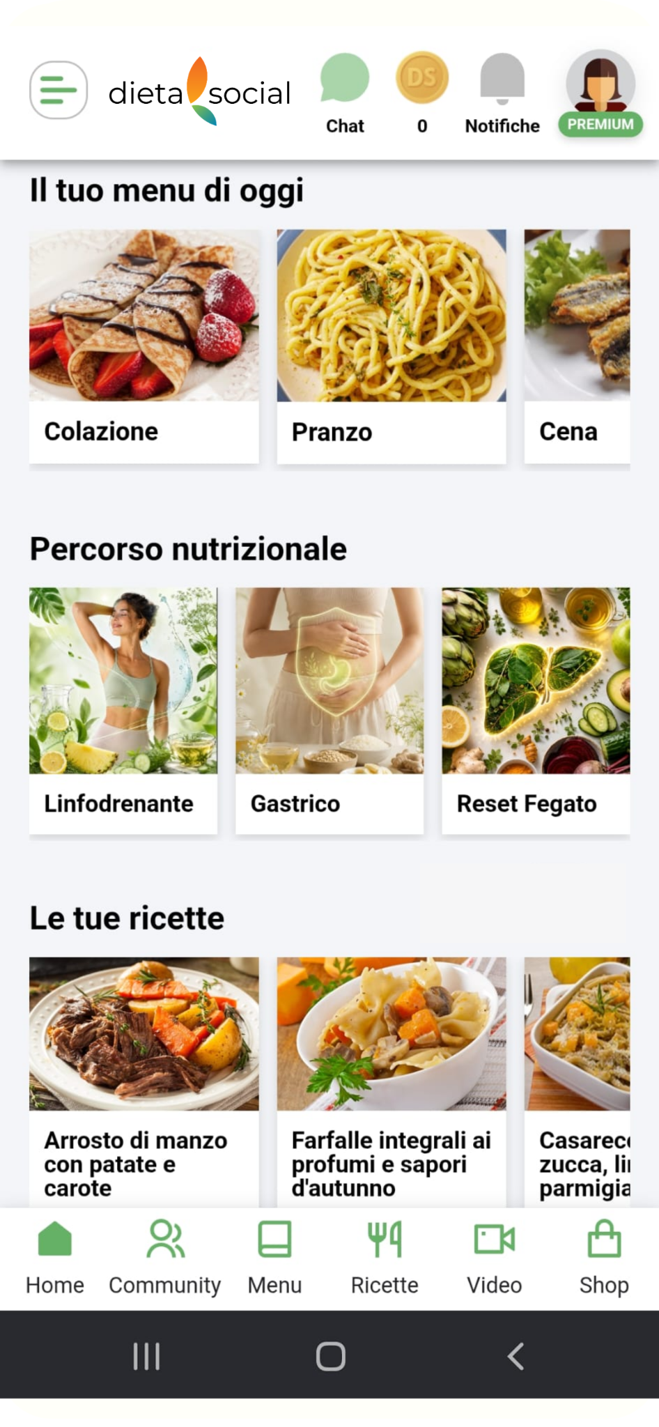 Home app Dieta Social con menu, percorsi e ricette