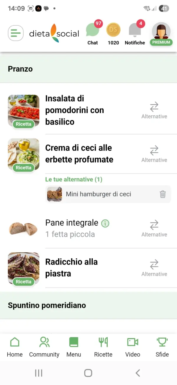 Menu con alternative nell'app Dieta Social