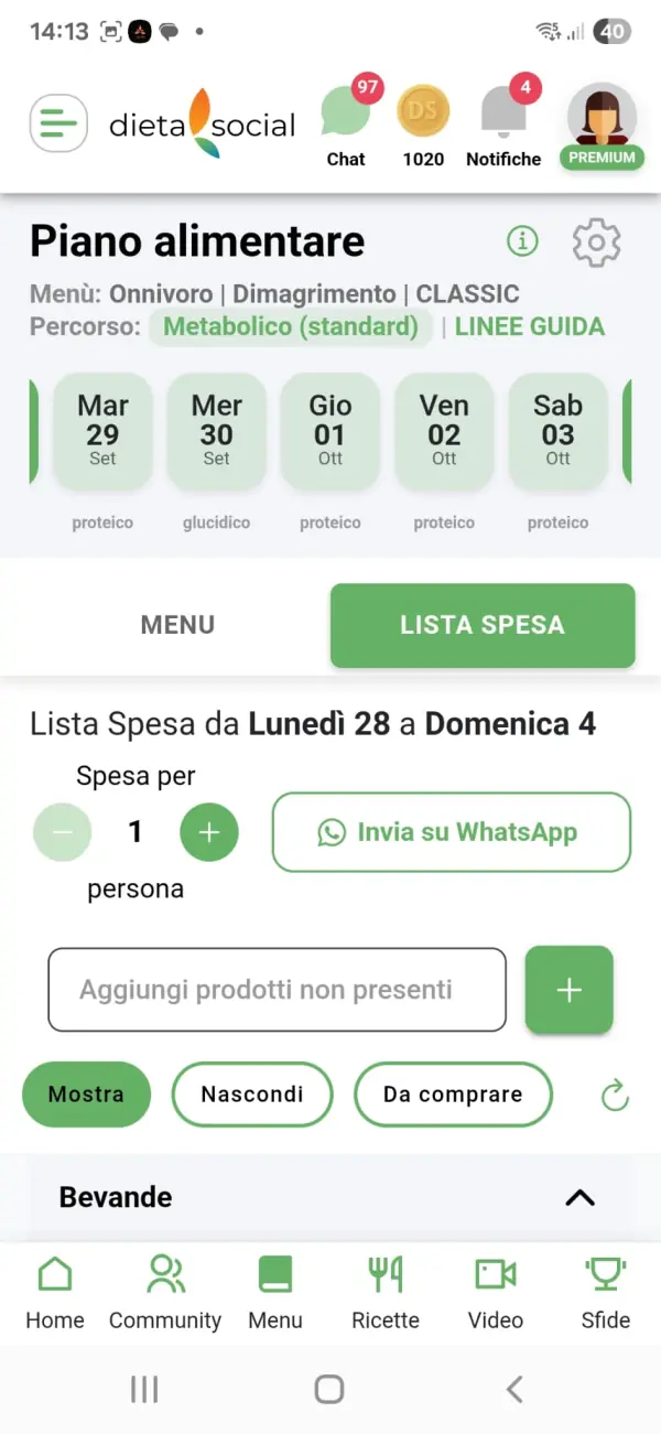 Lista della spesa nell'app Dieta Social