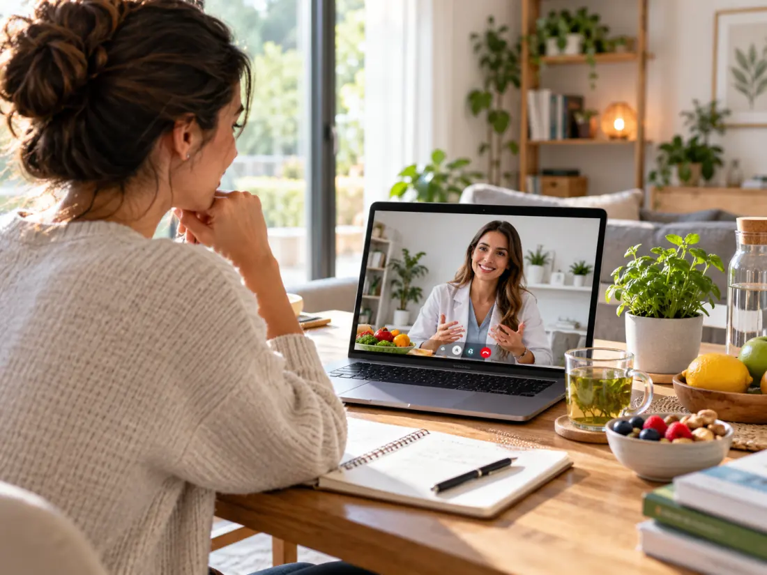 Donna davanti al laptop durante un consulto online con una nutrizionista