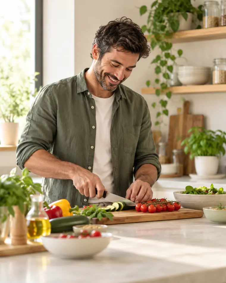 Uomo che prepara verdure in cucina